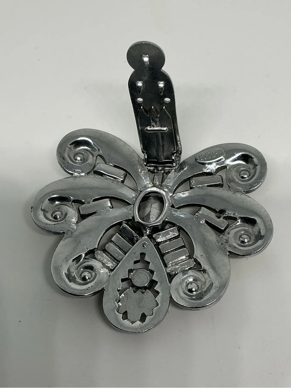 Vintage Art Deco Czech Signed Dress Clip Silver Tone Pot Metal Paste Rhinestones